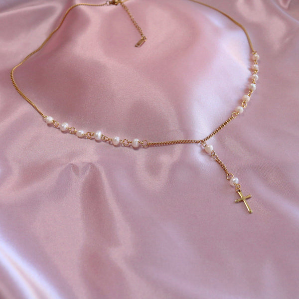 Pearl Cross Drop Necklace - Ximena Rosé Jewelry